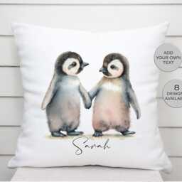 Personalised Watercolour Penguin Cushion - Animal Name Pillow Soft Furnishing Wedding Anniversary - thumbnail 3