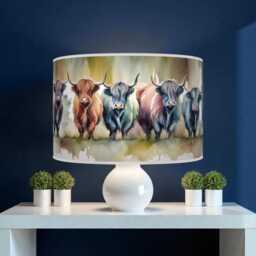 Watercolour Highland Cow Lampshade - Handmade Drum Pendant Light Scottish Cattle Ceiling Shade For Rustic Or Farmhouse Decor - thumbnail 2