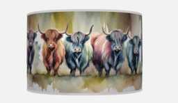 Watercolour Highland Cow Lampshade - Handmade Drum Pendant Light Scottish Cattle Ceiling Shade For Rustic Or Farmhouse Decor - thumbnail 1