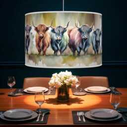 Watercolour Highland Cow Lampshade - Handmade Drum Pendant Light Scottish Cattle Ceiling Shade For Rustic Or Farmhouse Decor - thumbnail 3