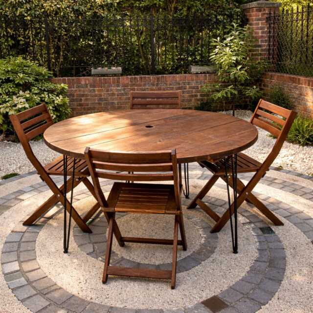 Round Garden Table Solid Wood, Outdoor Dining Table, Wooden Patio Rustic With Hairpin Legs - image 1