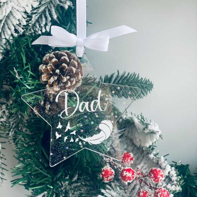 Christmas Star, Memorial Bauble, Silver Sparkle Personalised Feather in Memory Of Dad, Mum, Loved One, Acrylic Star - image 1