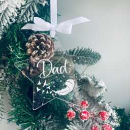 Christmas Star, Memorial Bauble, Silver Sparkle Personalised Feather in Memory Of Dad, Mum, Loved One, Acrylic Star