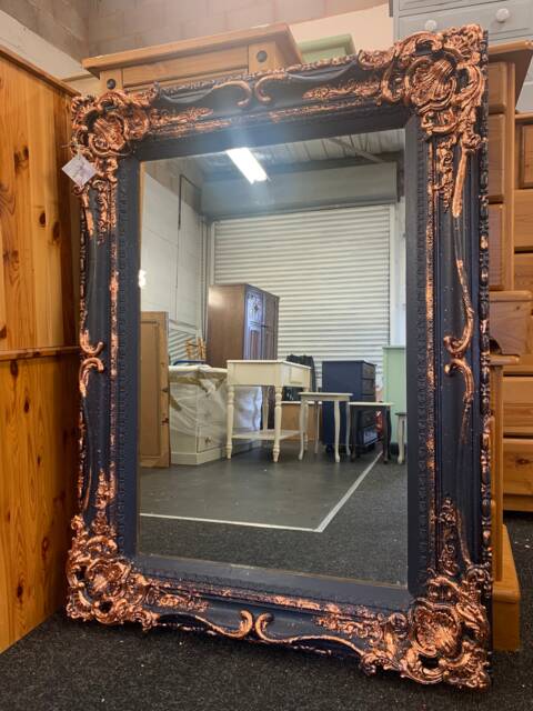 Large Mirror French Baroque Antique Ornate Custom Painted Navy & Copper Leaf - image 1