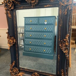 Large Mirror French Baroque Antique Ornate Custom Painted Navy & Copper Leaf - thumbnail 2