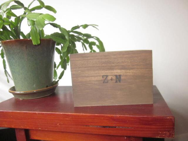 Personalized Wedding Note Box With Cut Out Card Slot in Line With Arrow Pyrography Dark Stained - image 1