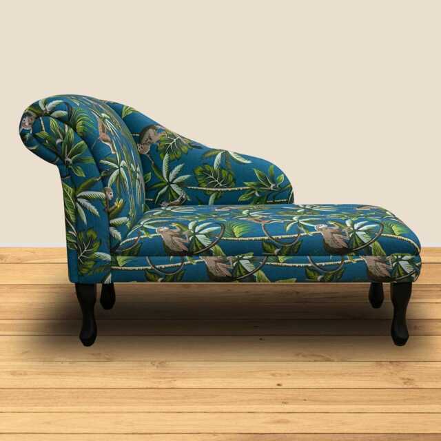 Teal Monkey Print Chaise Longue - Jungle Indoor Sofa Lounger Handmade in Britain - image 1
