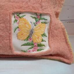 Upcycled Wool Pillow, Vintage Butterfly Embroidery, Handmade Design - thumbnail 2