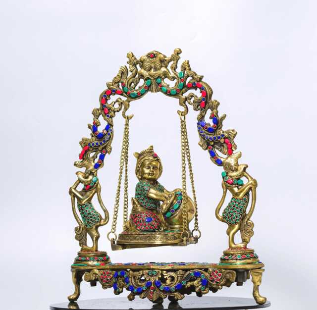 18-Inch Brass Baby Krishna On Swing Laddu Gopal Jhula For Pooja Room Bal Cradle Idol Hindu Festival Decor Janmashtami Gift Friends - image 1