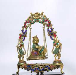 18-Inch Brass Baby Krishna On Swing Laddu Gopal Jhula For Pooja Room Bal Cradle Idol Hindu Festival Decor Janmashtami Gift Friends - thumbnail 1