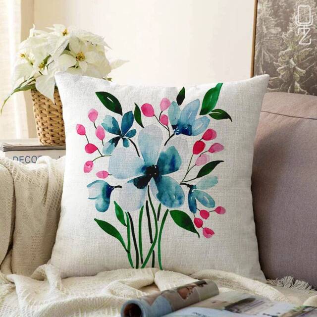 Floral Cushion Cover With Blue, Pink & Green Colours - Double Sided Printing On Soft Chenille Fabric Multi Size Options Oeko-Tex?? - image 1