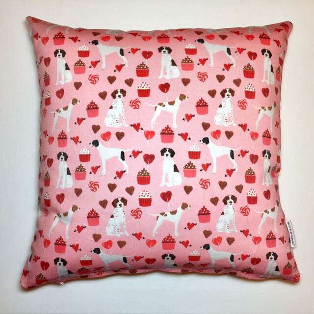Pink Pointer Dog Print Cushion Cover With Cupcake & Hearts Design - Home Decor, Pillow Cover, Home Living, Decorative Pillow, 38x38cm - image 1