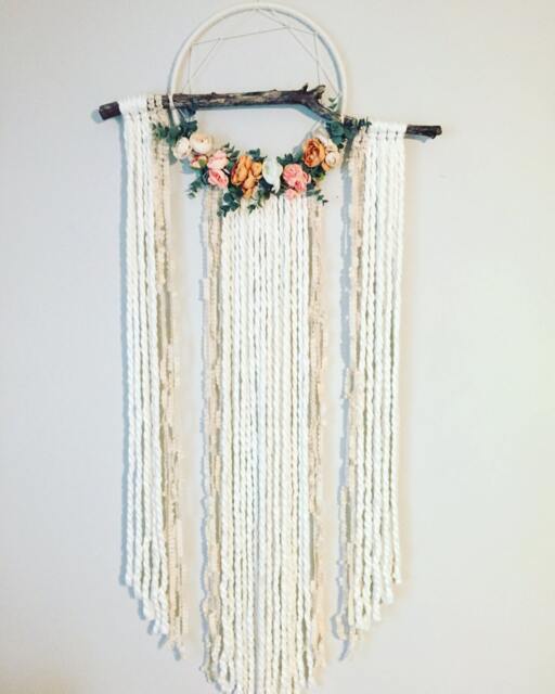 Floral Dreamcatcher, Boho Wall Hanging, Cream Yarn, 12 Inch - image 1