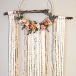 Floral Dreamcatcher, Boho Wall Hanging, Cream Yarn, 12 Inch - thumbnail 2
