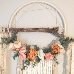 Floral Dreamcatcher, Boho Wall Hanging, Cream Yarn, 12 Inch - thumbnail 3