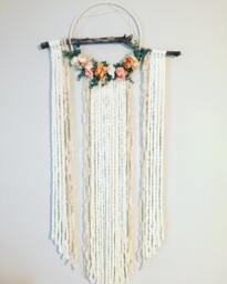 Floral Dreamcatcher, Boho Wall Hanging, Cream Yarn, 12 Inch