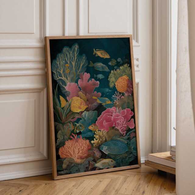 Ocean Reef Wall Art Print - Colourful Coral & Fish Illustration Dark Marine Home D??cor Maximalist Coastal Artwork - image 1