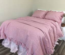 Red & White Striped Duvet Cover Features Easy Flow Ruffles, Natural Linen, Shabby Chic Bedding, Custom Size - thumbnail 1