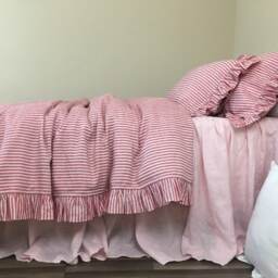 Red & White Striped Duvet Cover Features Easy Flow Ruffles, Natural Linen, Shabby Chic Bedding, Custom Size - thumbnail 2