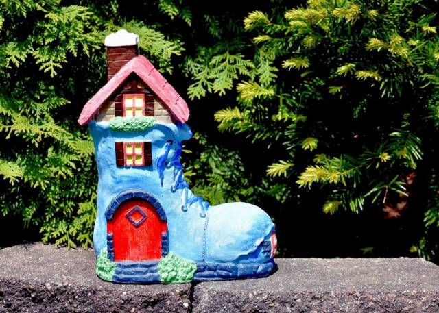 Gnome Boot House Concrete Garden Statue Blue & Red Decor - image 1