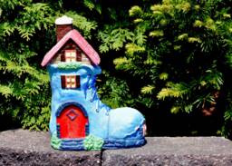 Gnome Boot House Concrete Garden Statue Blue & Red Decor