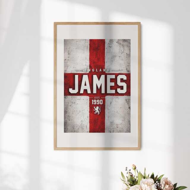 Personalised Year Name England Flag Wall Art Poster Three Lions Football Supporter Decor St Georges Cross Sports Present Fan Bedroom Gift - image 1
