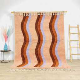 Peach, Purple & Brown Wavy Striped Moroccan Rug - Handmade Berber Shag Carpet Large Area Pastel Abstract Wool Decor - thumbnail 1