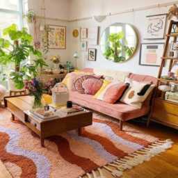 Peach, Purple & Brown Wavy Striped Moroccan Rug - Handmade Berber Shag Carpet Large Area Pastel Abstract Wool Decor - thumbnail 4