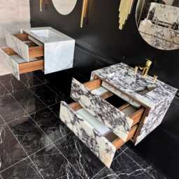 The Viola Storage Vanity - Bespoke Marble Cabinet With Drawers Wall Mounted Stone Sink Floating Bathroom Basin - thumbnail 3