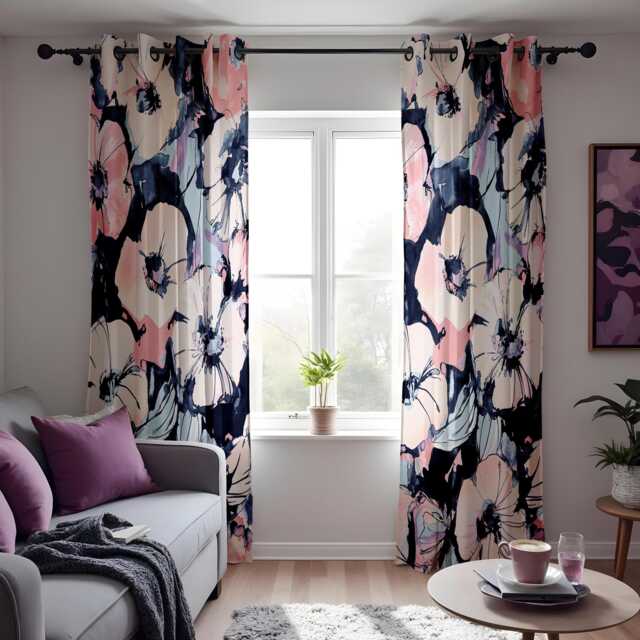 Watercolor Floral Curtains, Pink & Navy Blue Window Drapes, Modern Abstract Flower Print Treatments, Custom Length Curtains Panel - image 1