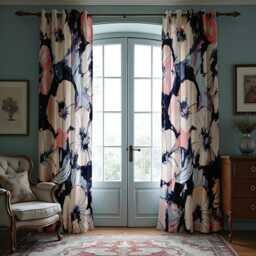 Watercolor Floral Curtains, Pink & Navy Blue Window Drapes, Modern Abstract Flower Print Treatments, Custom Length Curtains Panel - thumbnail 2