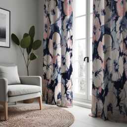 Watercolor Floral Curtains, Pink & Navy Blue Window Drapes, Modern Abstract Flower Print Treatments, Custom Length Curtains Panel - thumbnail 3