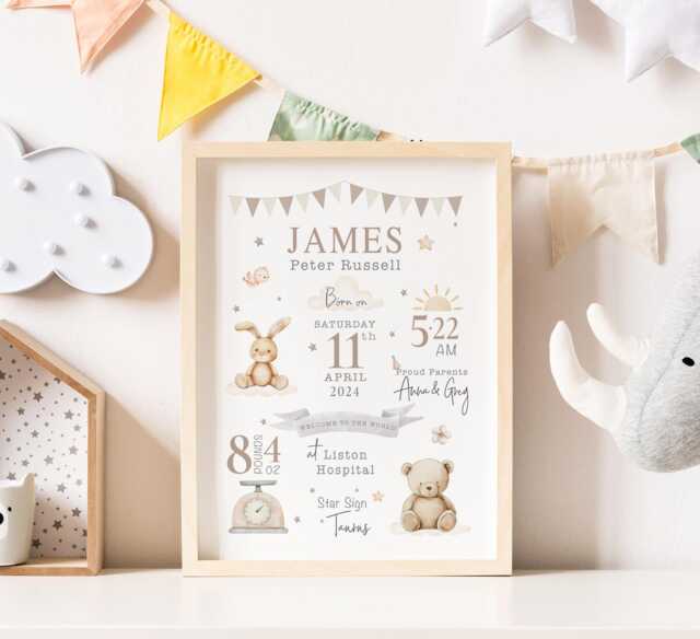 New Baby Personalised Print - Neutral Birth Details Gift Keepsake Newborn Nursery - image 1