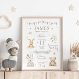 New Baby Personalised Print - Neutral Birth Details Gift Keepsake Newborn Nursery - thumbnail 3