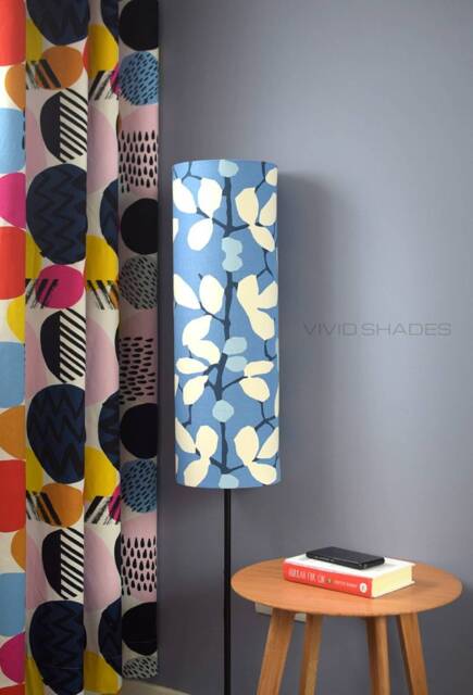Tall Blue Floral Lampshade Fabric Made & Printed in England. Flower Leaf On Stem Pattern, Handmade By Vivid Shades - image 1