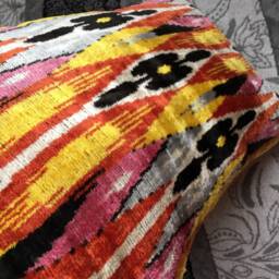 Handwoven Silk Ikat Velvet Pillow Cover Rainbow Ethnic Decor - thumbnail 4