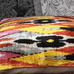 Handwoven Silk Ikat Velvet Pillow Cover Rainbow Ethnic Decor - thumbnail 2