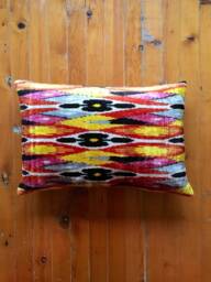 Handwoven Silk Ikat Velvet Pillow Cover Rainbow Ethnic Decor - thumbnail 1