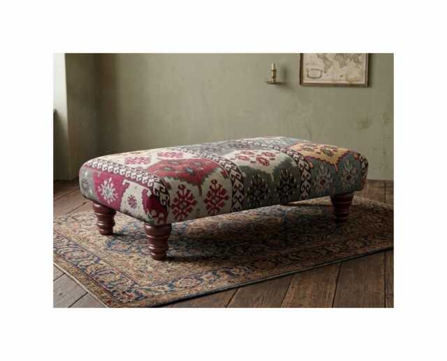 Footstool in Warwick Anthropology Kilim Fabric Upholstery - Coffee Table Footrest Wooden Legs - image 1