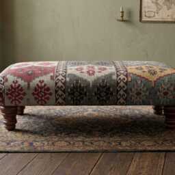 Footstool in Warwick Anthropology Kilim Fabric Upholstery - Coffee Table Footrest Wooden Legs - thumbnail 2