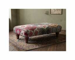 Footstool in Warwick Anthropology Kilim Fabric Upholstery - Coffee Table Footrest Wooden Legs - thumbnail 1