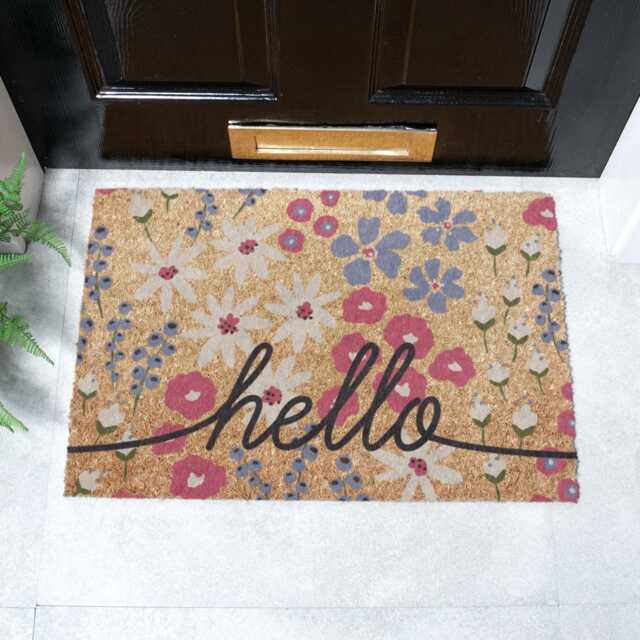 Hello Scribbly Floral Coir Doormat - Non-Slip Welcome Mat 60x40cm - image 1