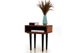 Nightstand With Open Shelf in Mid-Century Modern Style Made Of Oak Vaneer -Teak Colour -, Bedside Table Livlo T-P05