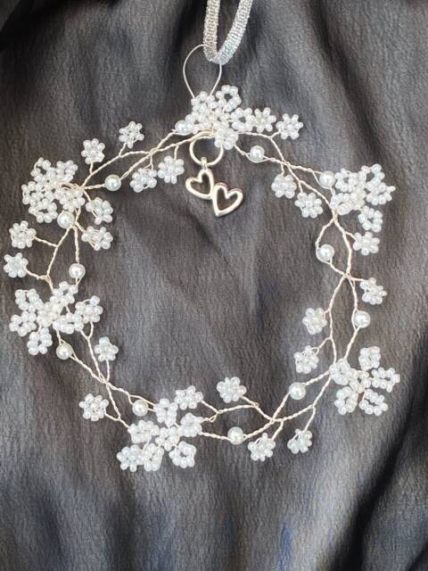 Beaded Wreath Sun Catcher, Pearl Heart Charm, Wedding Favor - image 1