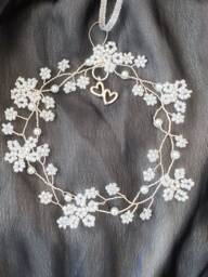 Beaded Wreath Sun Catcher, Pearl Heart Charm, Wedding Favor - thumbnail 1