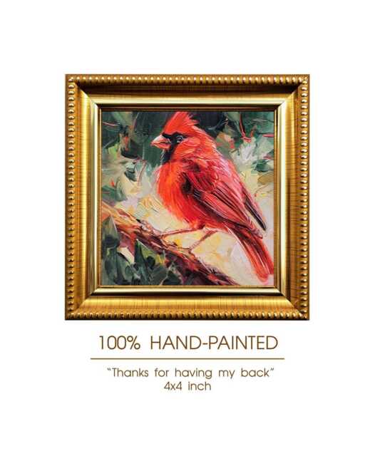 Cardinal Bird Miniature Oil Painting Original, Love Gift Easter Red Artwork, Home Decor Small 4x4 - image 1
