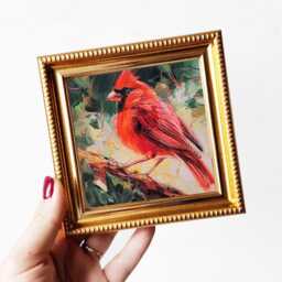 Cardinal Bird Miniature Oil Painting Original, Love Gift Easter Red Artwork, Home Decor Small 4x4 - thumbnail 3