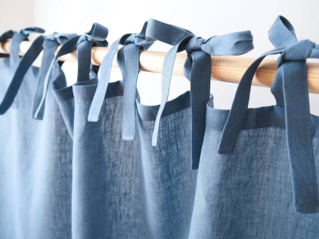 Blue Tie Top Curtain Panel With Ribbons. Medium Linen - 160 G/M2 - 1 Pcs - image 1