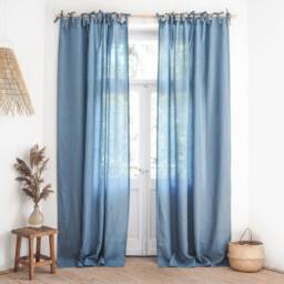 Blue Tie Top Curtain Panel With Ribbons. Medium Linen - 160 G/M2 - 1 Pcs - thumbnail 2