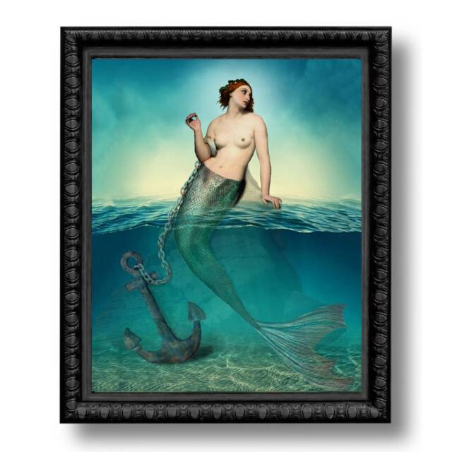 Anchored Mermaid Nautical Ocean Blue Print Art Surreal Home Decor Beach House Fish Anchor - image 1